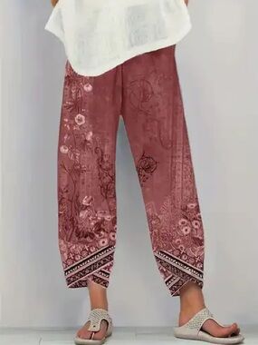 3/$20 Boho Tulip Ankle Floral Pink & Red Wide-Leg Pants Elastic Waist Pull-On